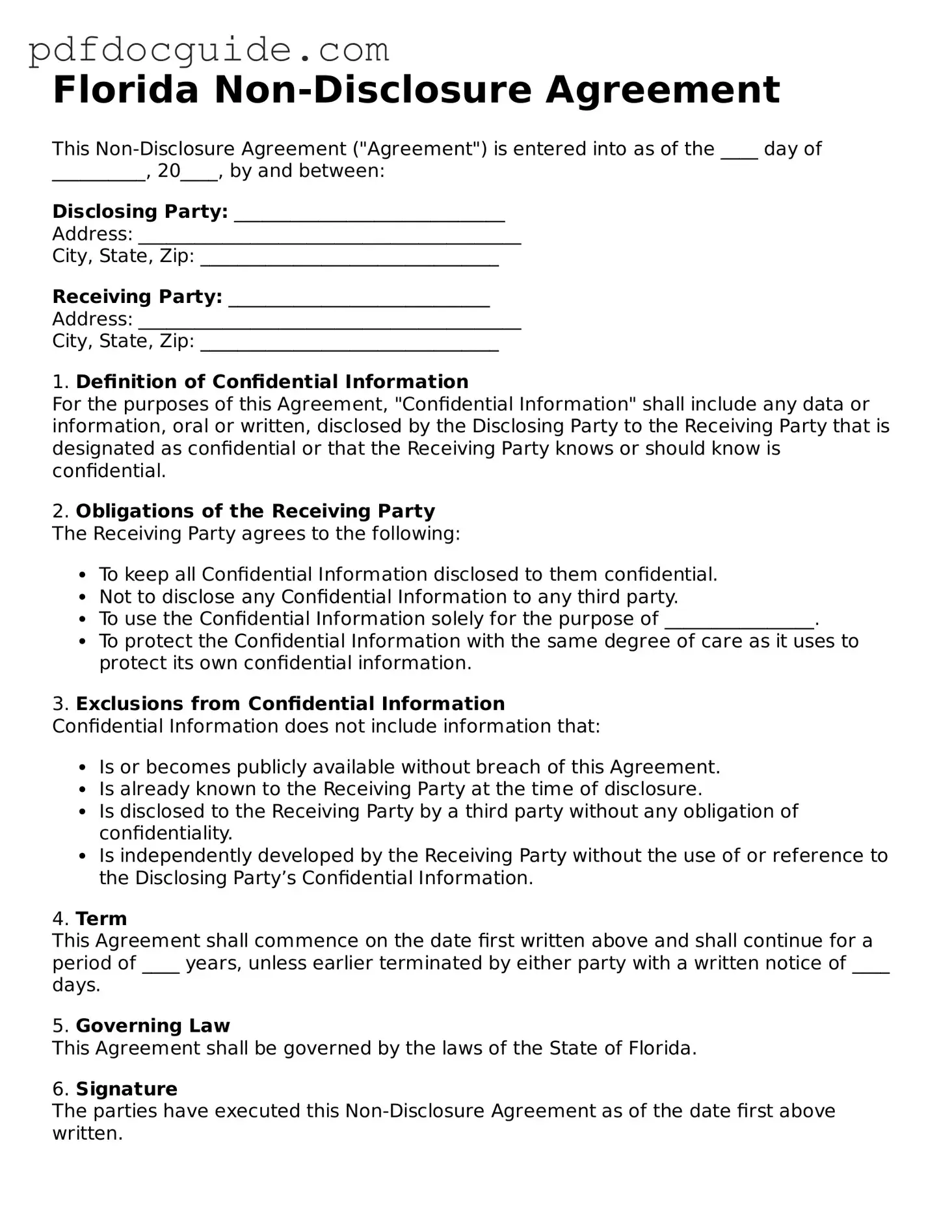 Valid  Non-disclosure Agreement Document for Florida