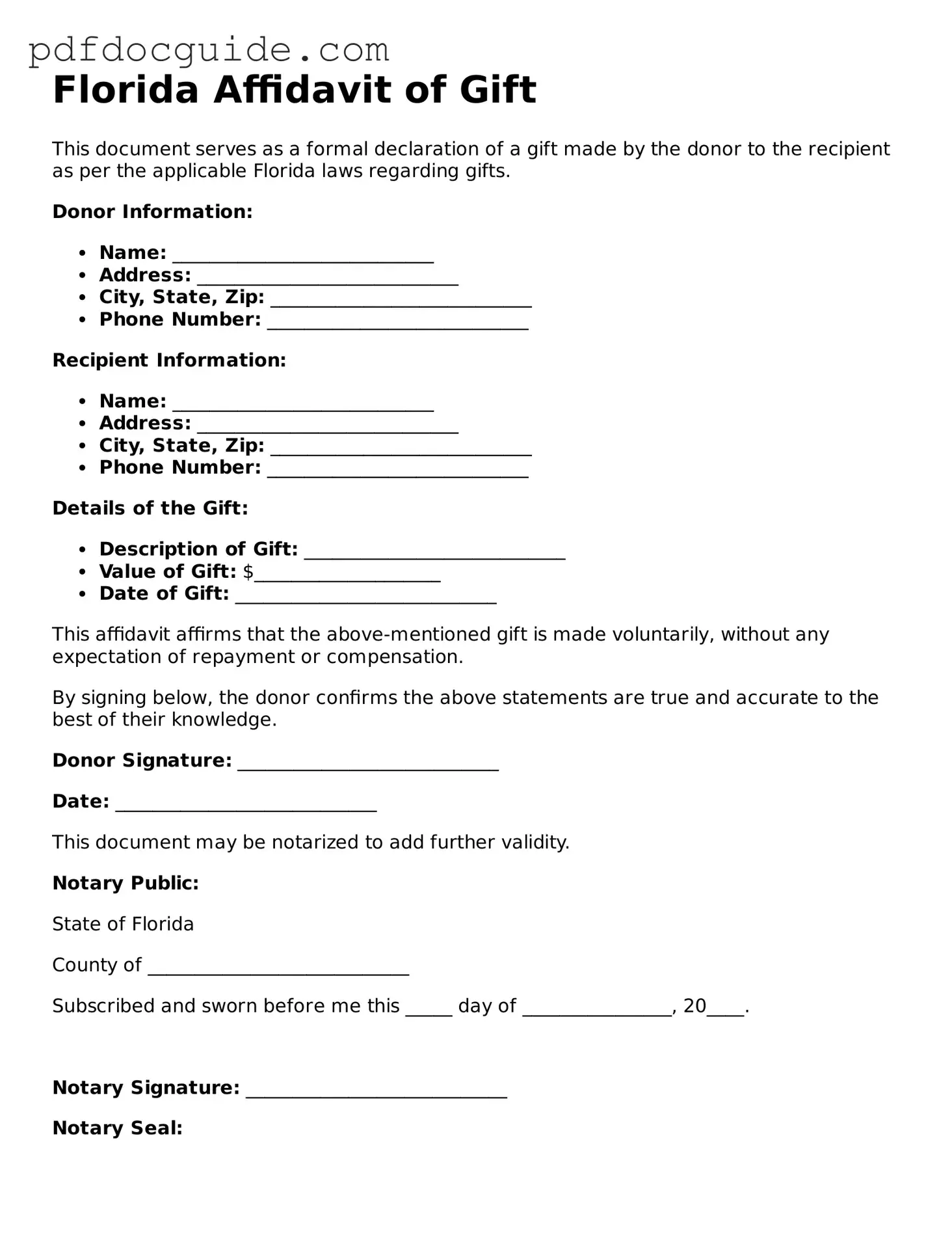 Valid  Affidavit of Gift Document for Florida