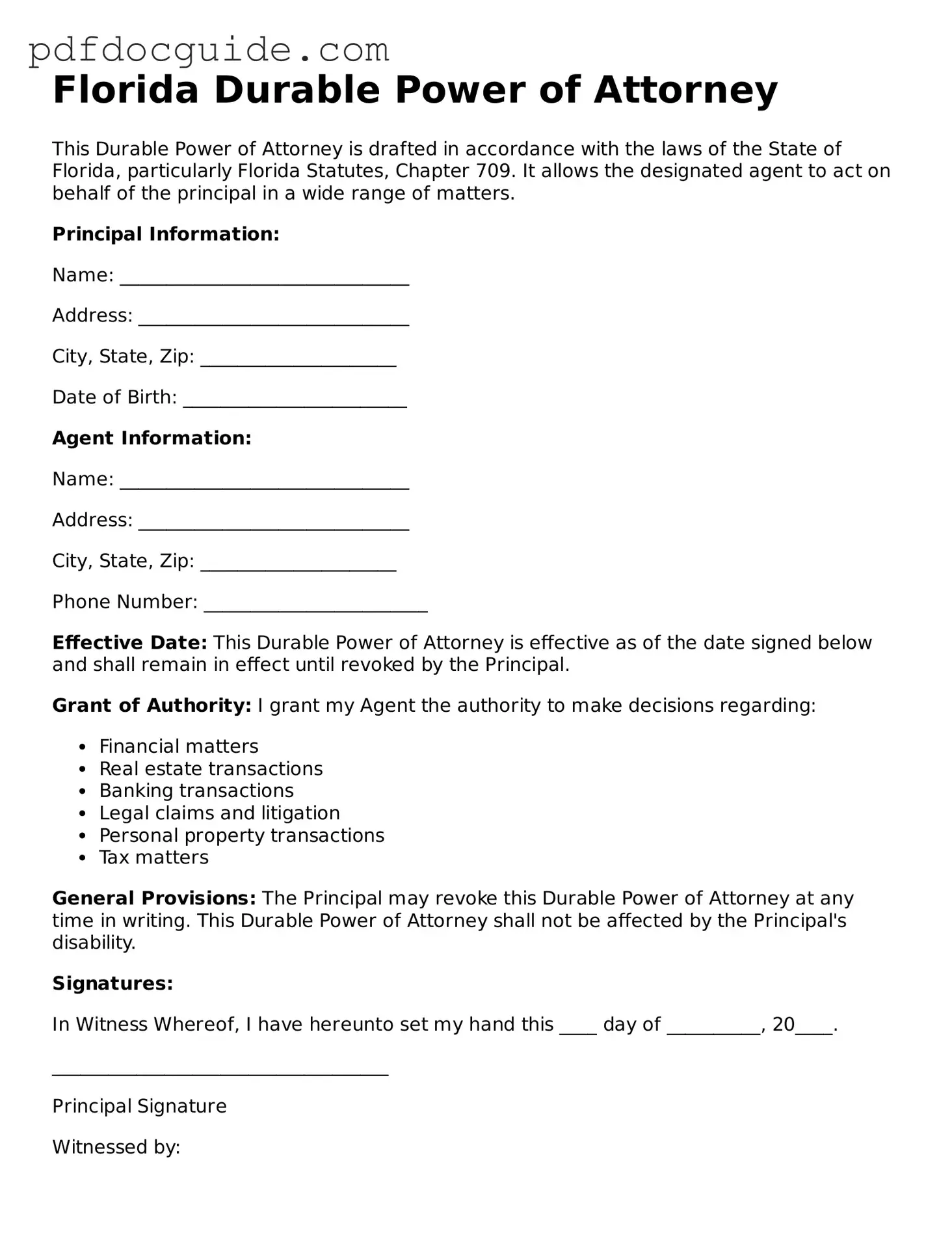 Valid  Durable Power of Attorney Document for Florida