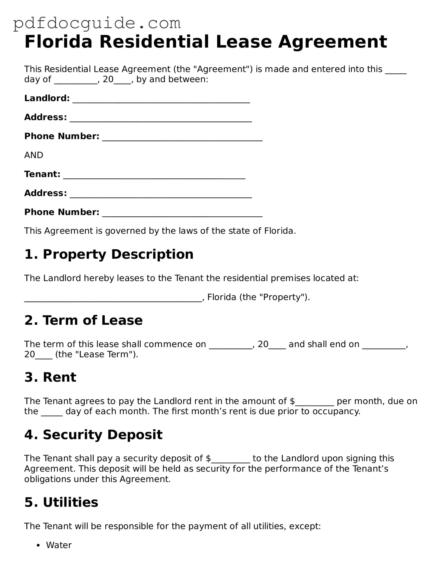 Valid  Residential Lease Agreement Document for Florida