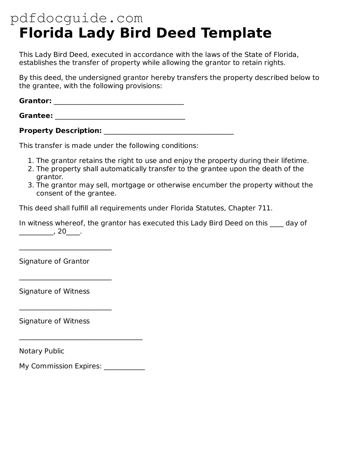 Valid  Lady Bird Deed Document for Florida