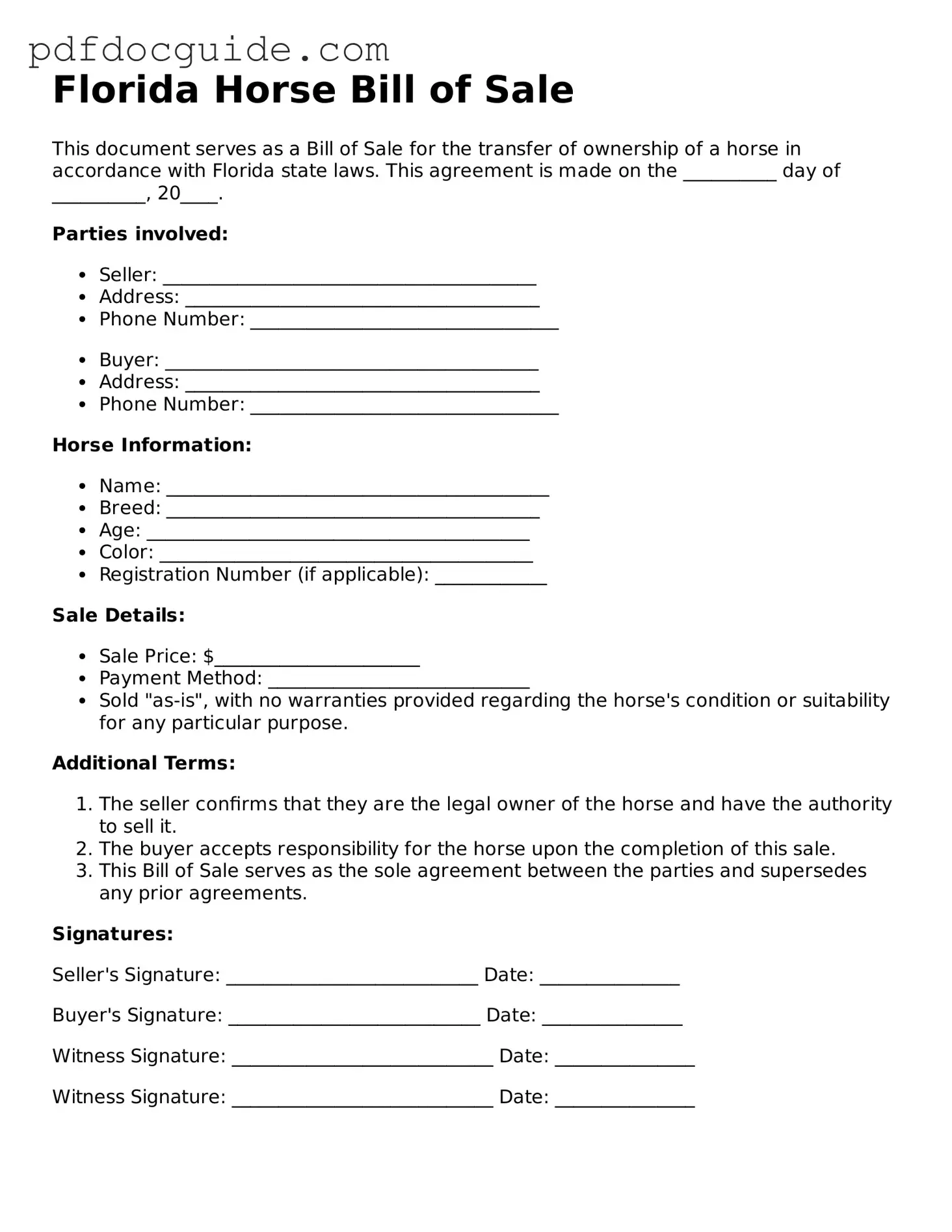 Valid  Horse Bill of Sale Document for Florida