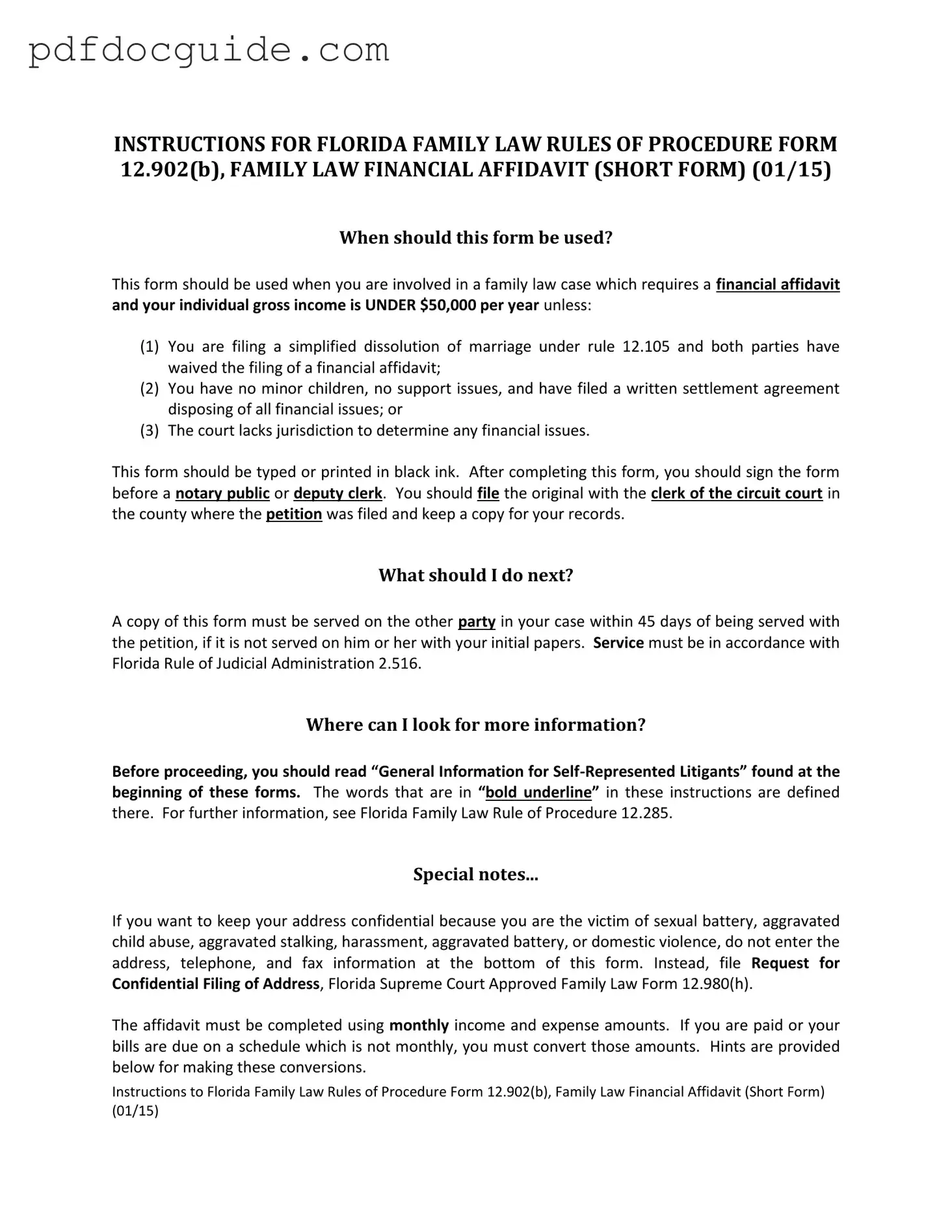 Florida Financial Affidavit Short 12.902(b) Form