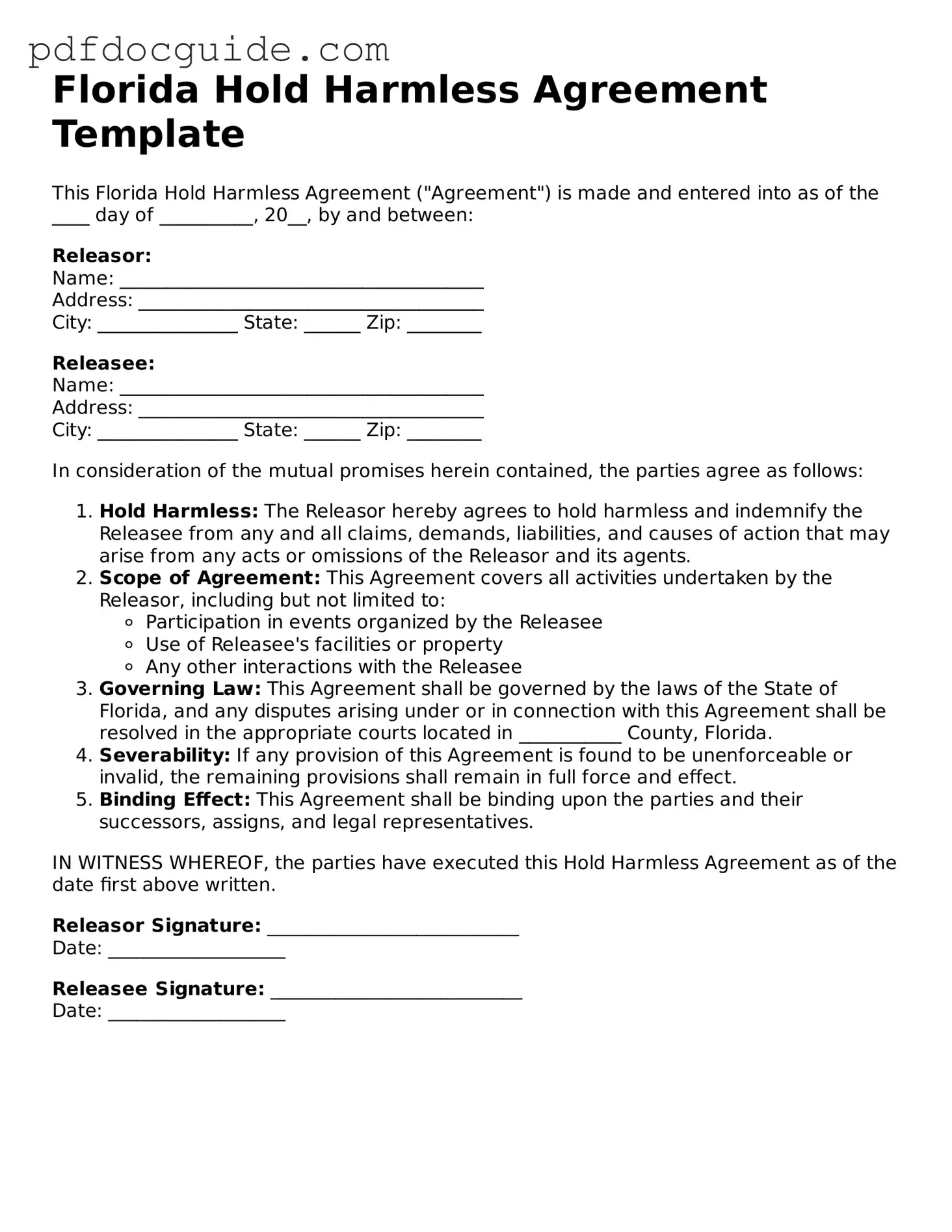 Valid  Hold Harmless Agreement Document for Florida