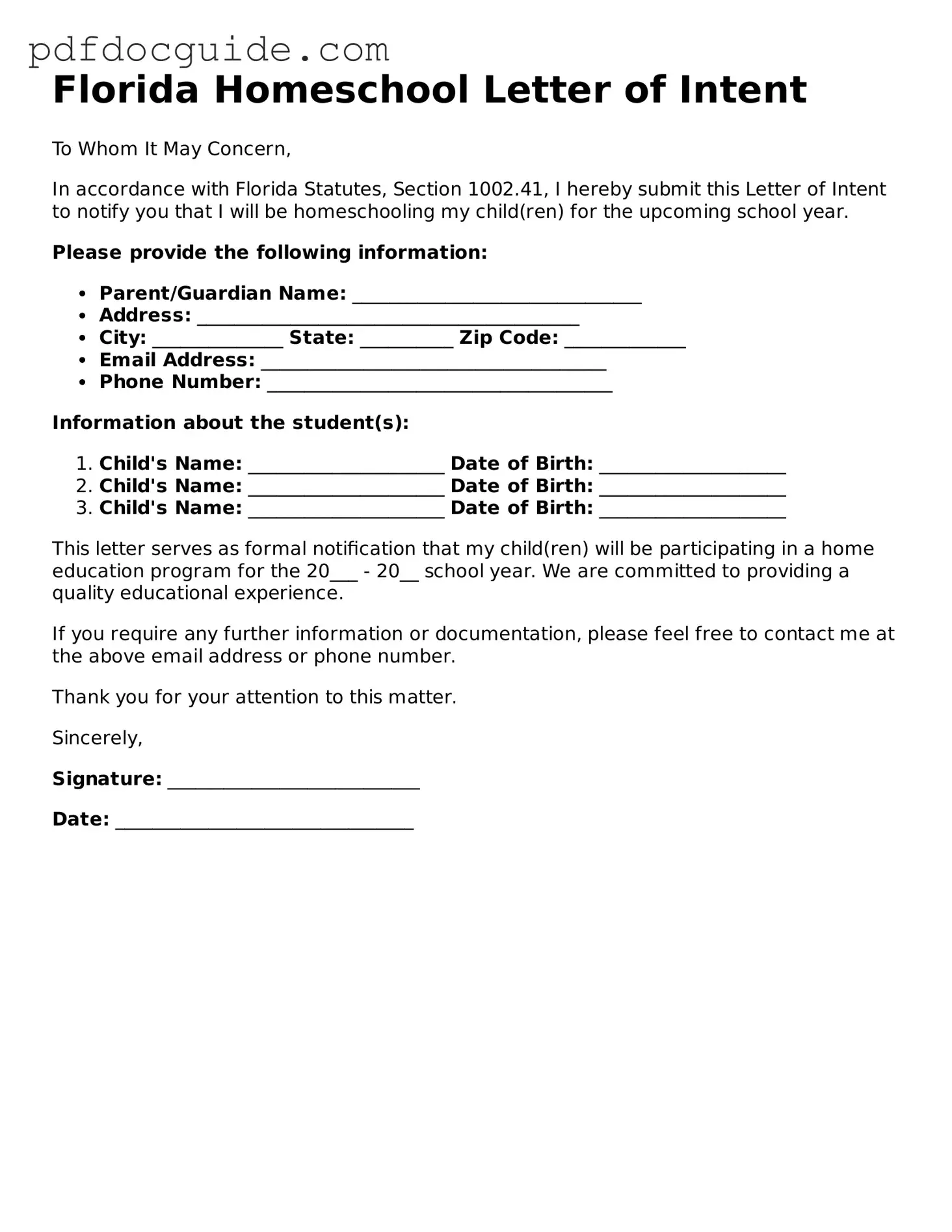 Valid  Homeschool Letter of Intent Document for Florida