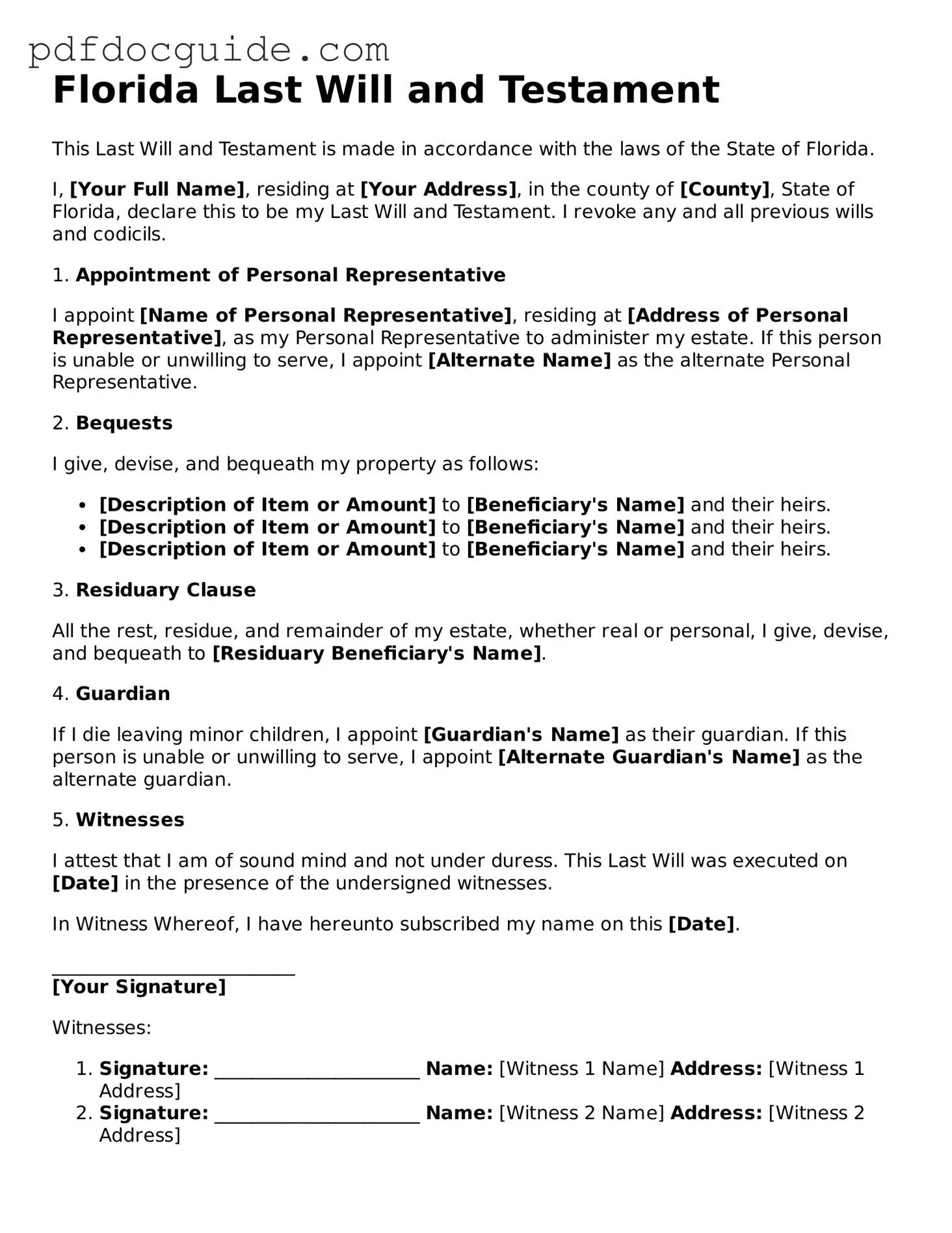 Valid  Last Will and Testament Document for Florida
