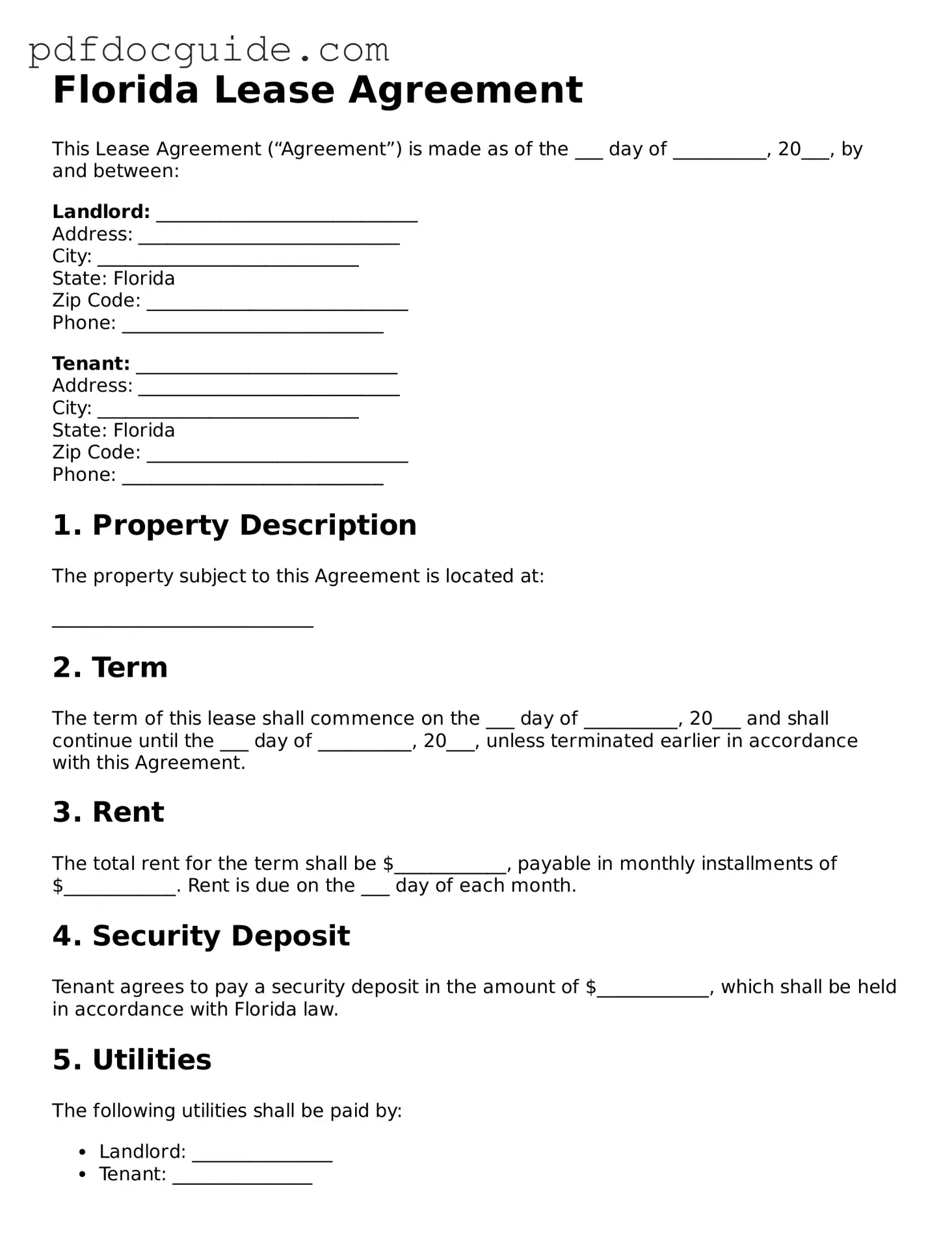 Valid  Lease Agreement Document for Florida