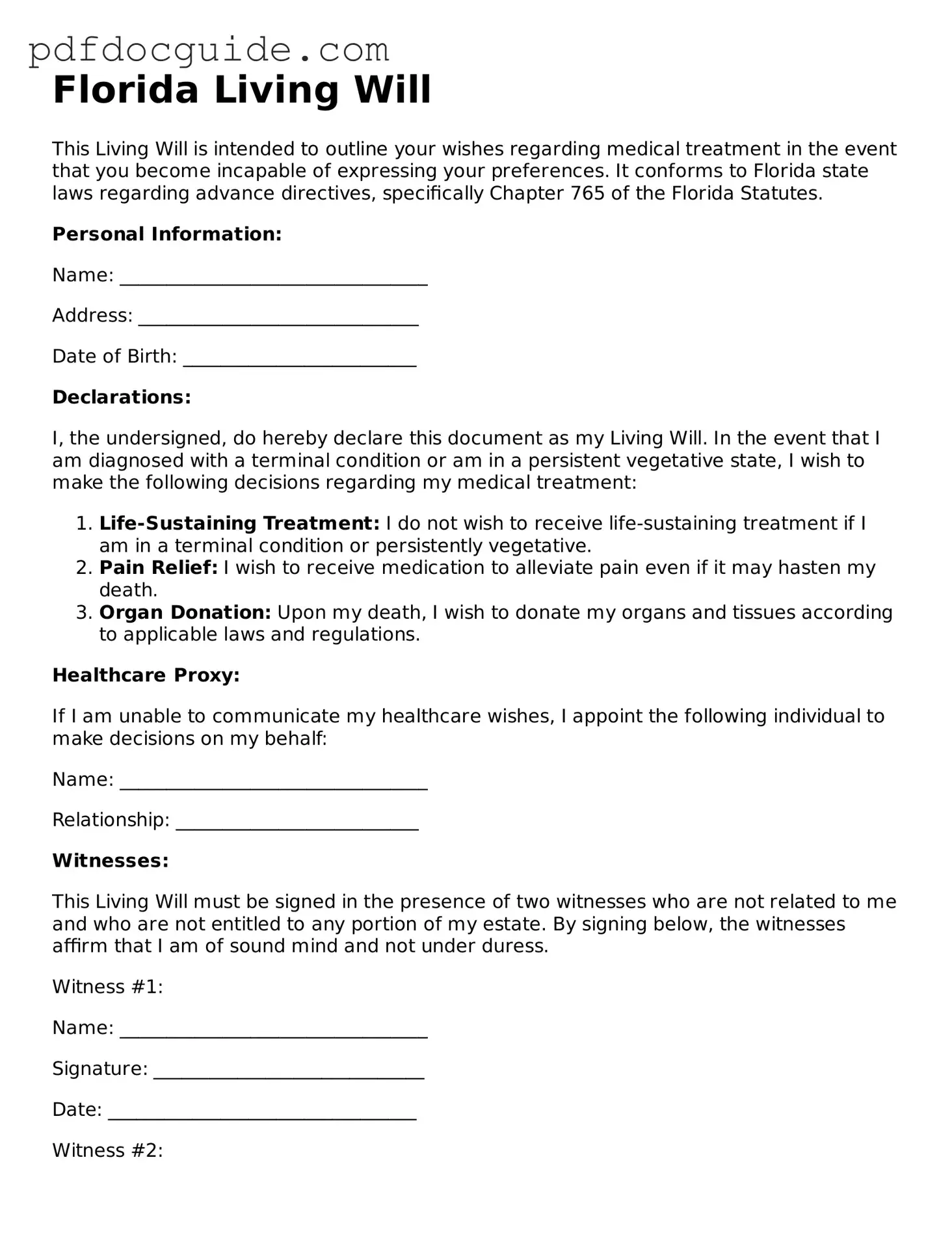 Valid  Living Will Document for Florida