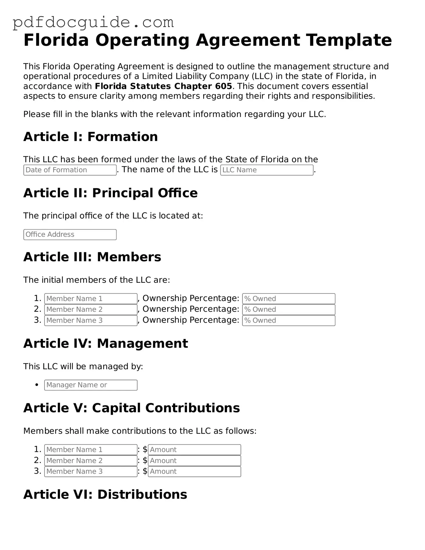 Valid  Operating Agreement Document for Florida