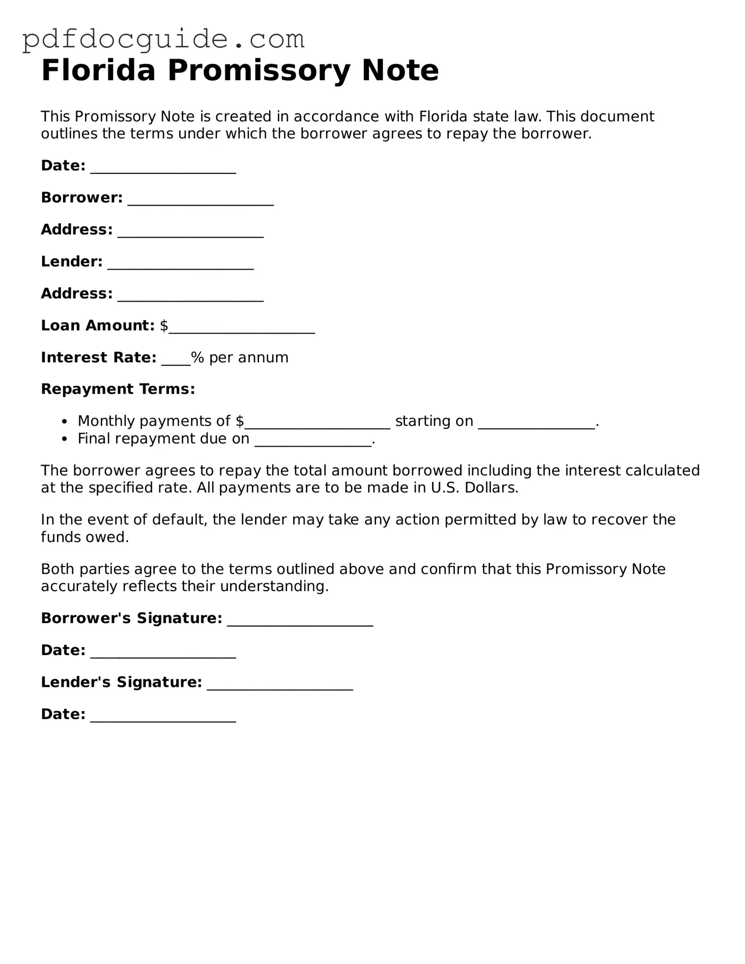 Valid  Promissory Note Document for Florida