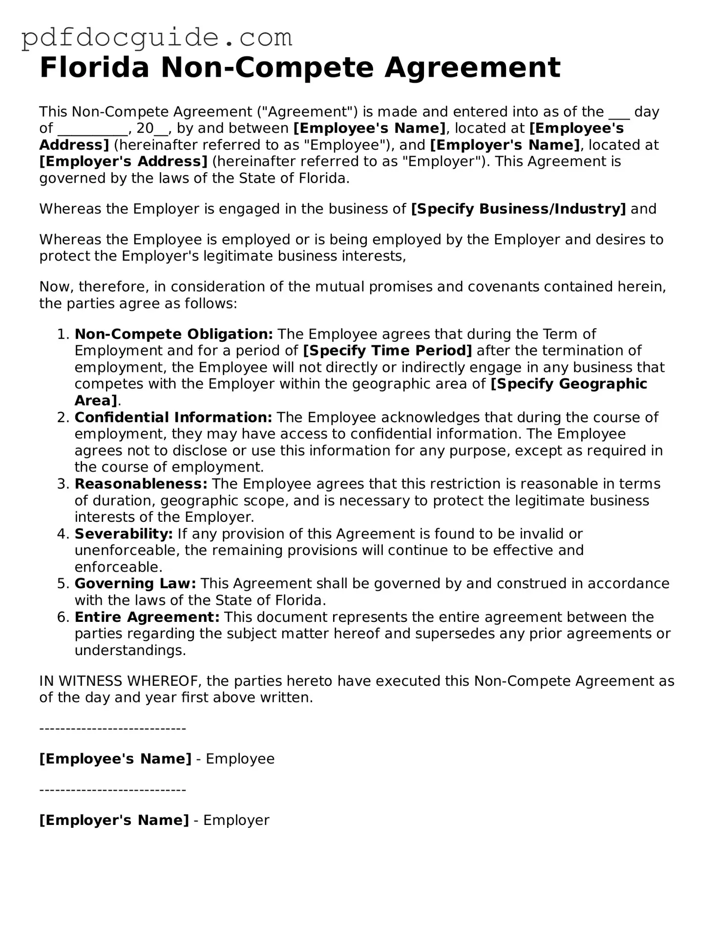 Valid  Non-compete Agreement Document for Florida