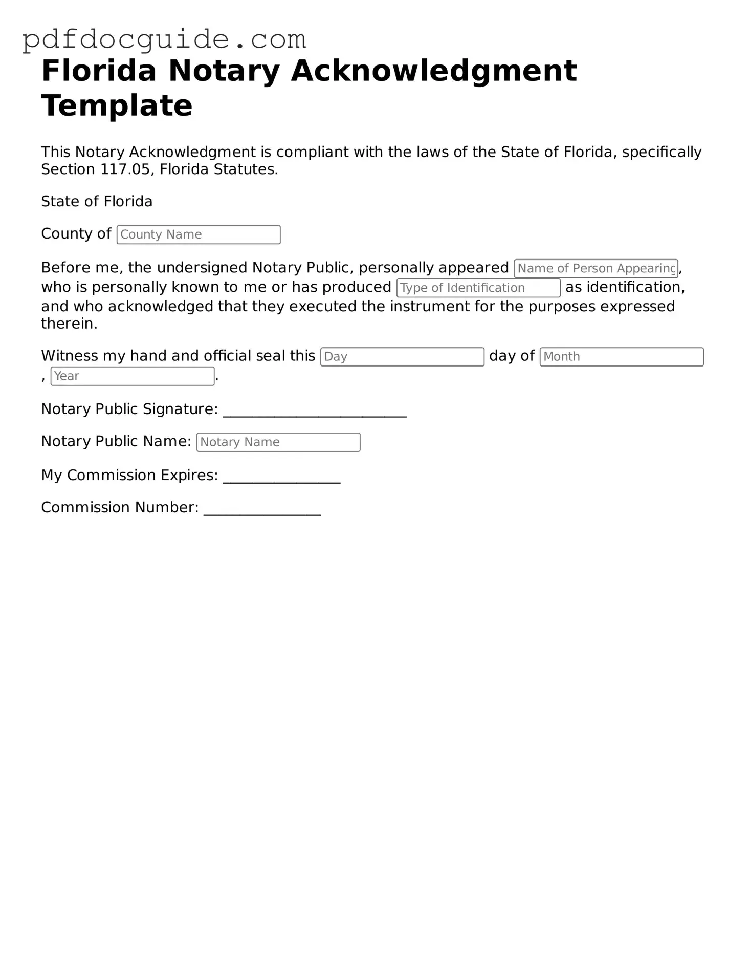Valid  Notary Acknowledgement Document for Florida