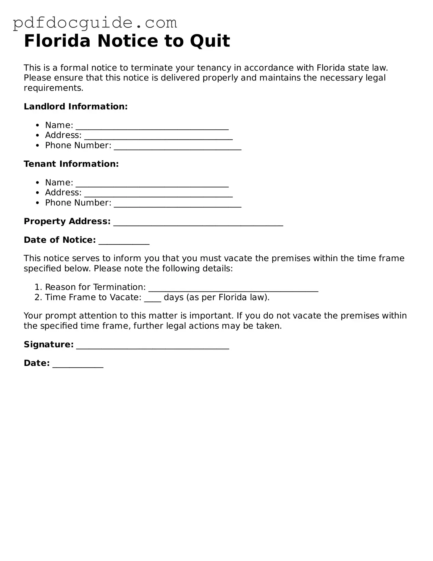 Valid  Notice to Quit Document for Florida