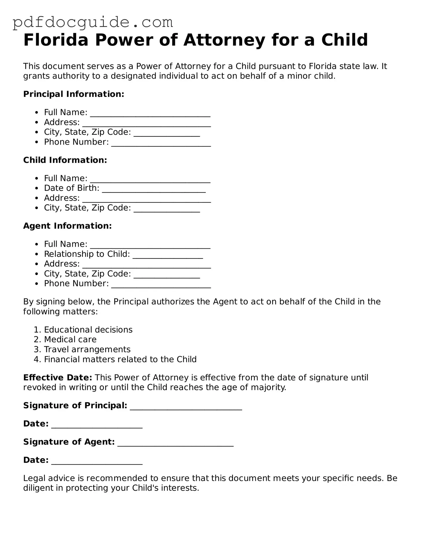 Valid  Power of Attorney for a Child Document for Florida