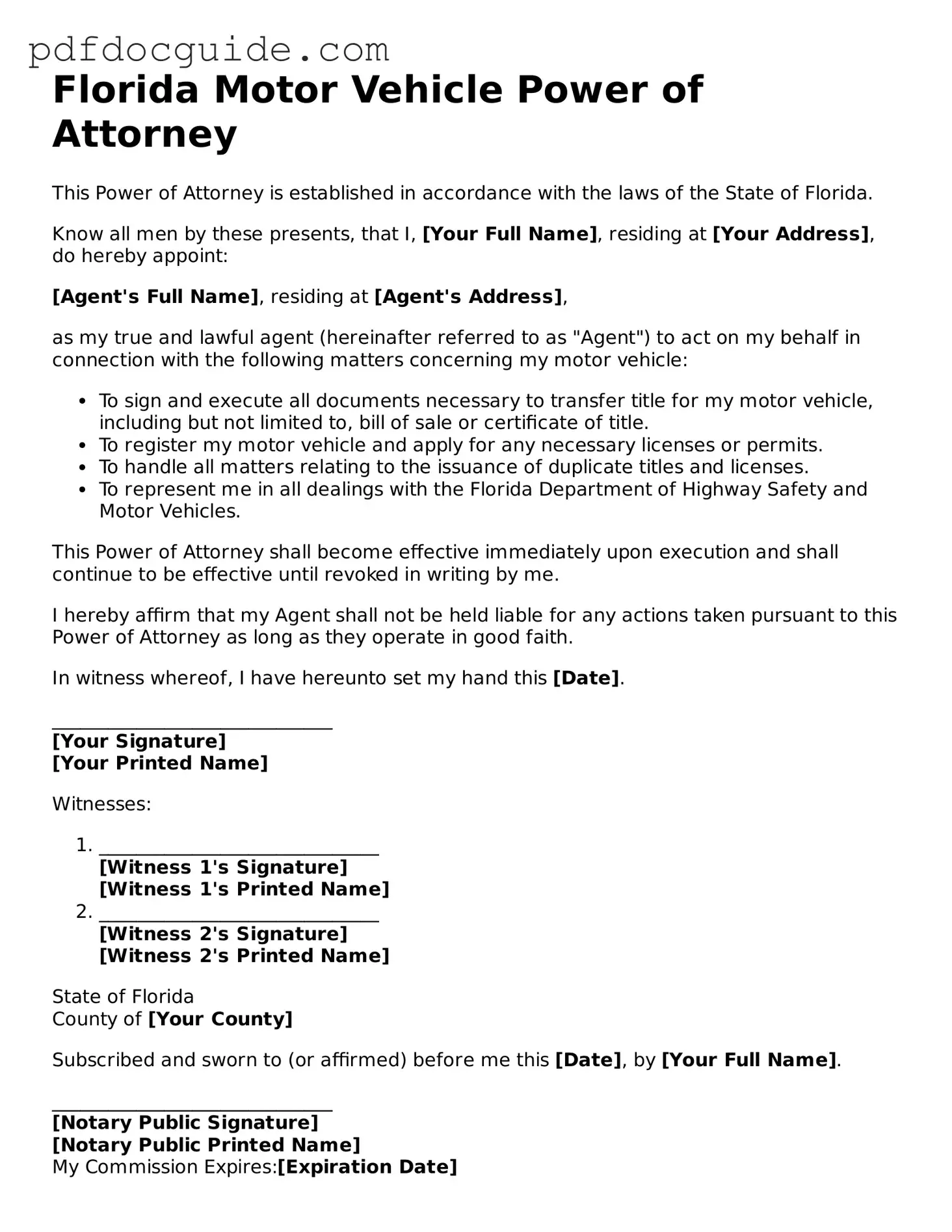 Valid  Motor Vehicle Power of Attorney Document for Florida
