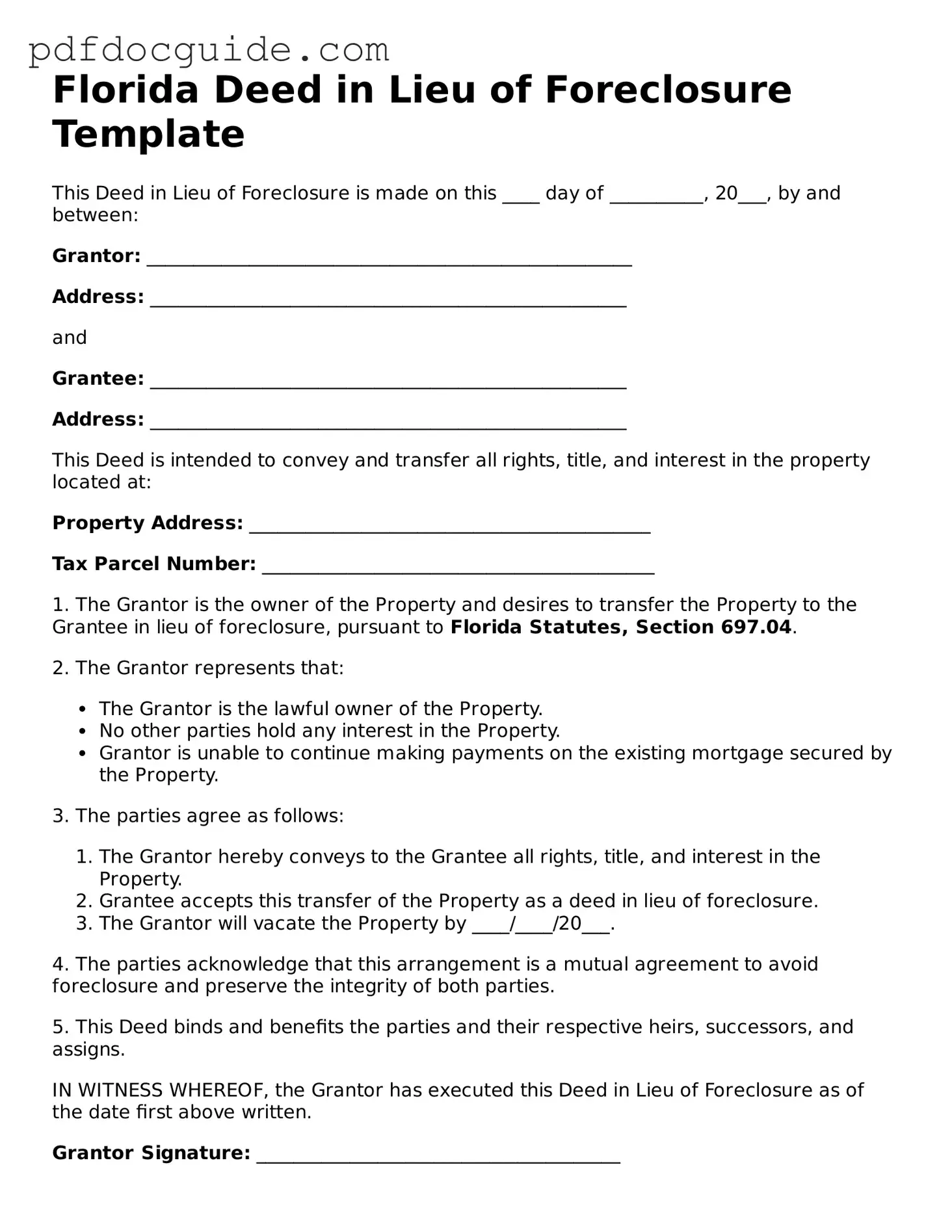 Valid  Deed in Lieu of Foreclosure Document for Florida