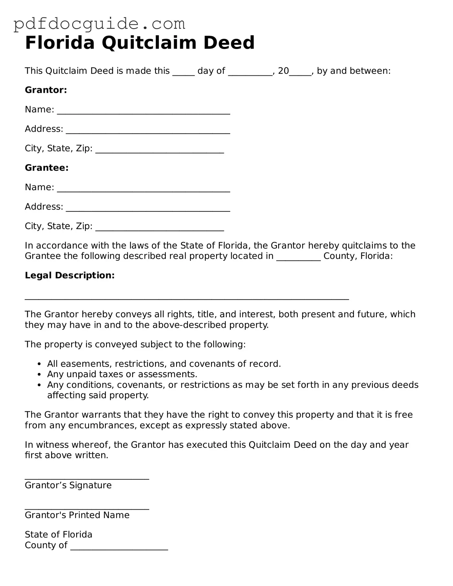 Valid  Quitclaim Deed Document for Florida