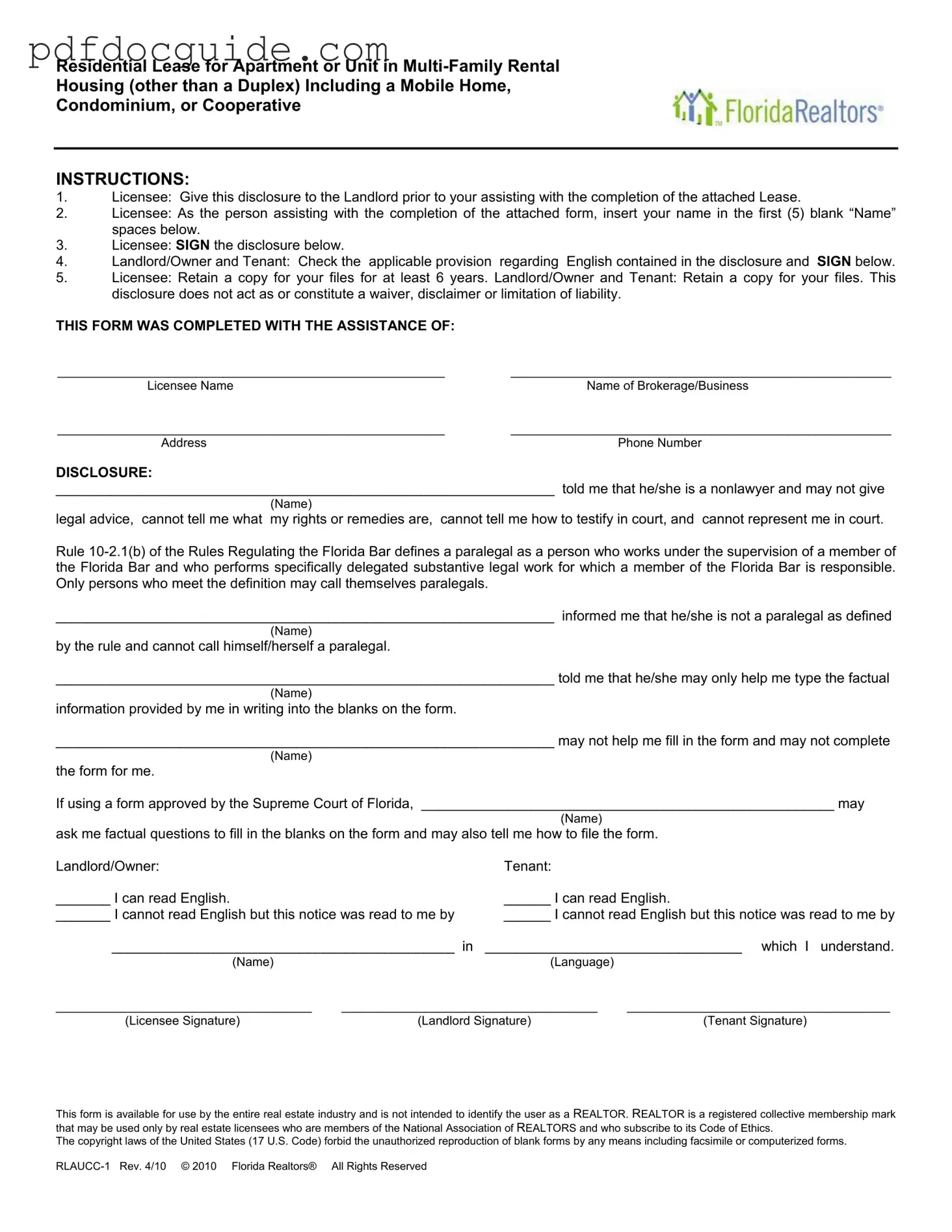 Florida Realtors Residential Lease Form