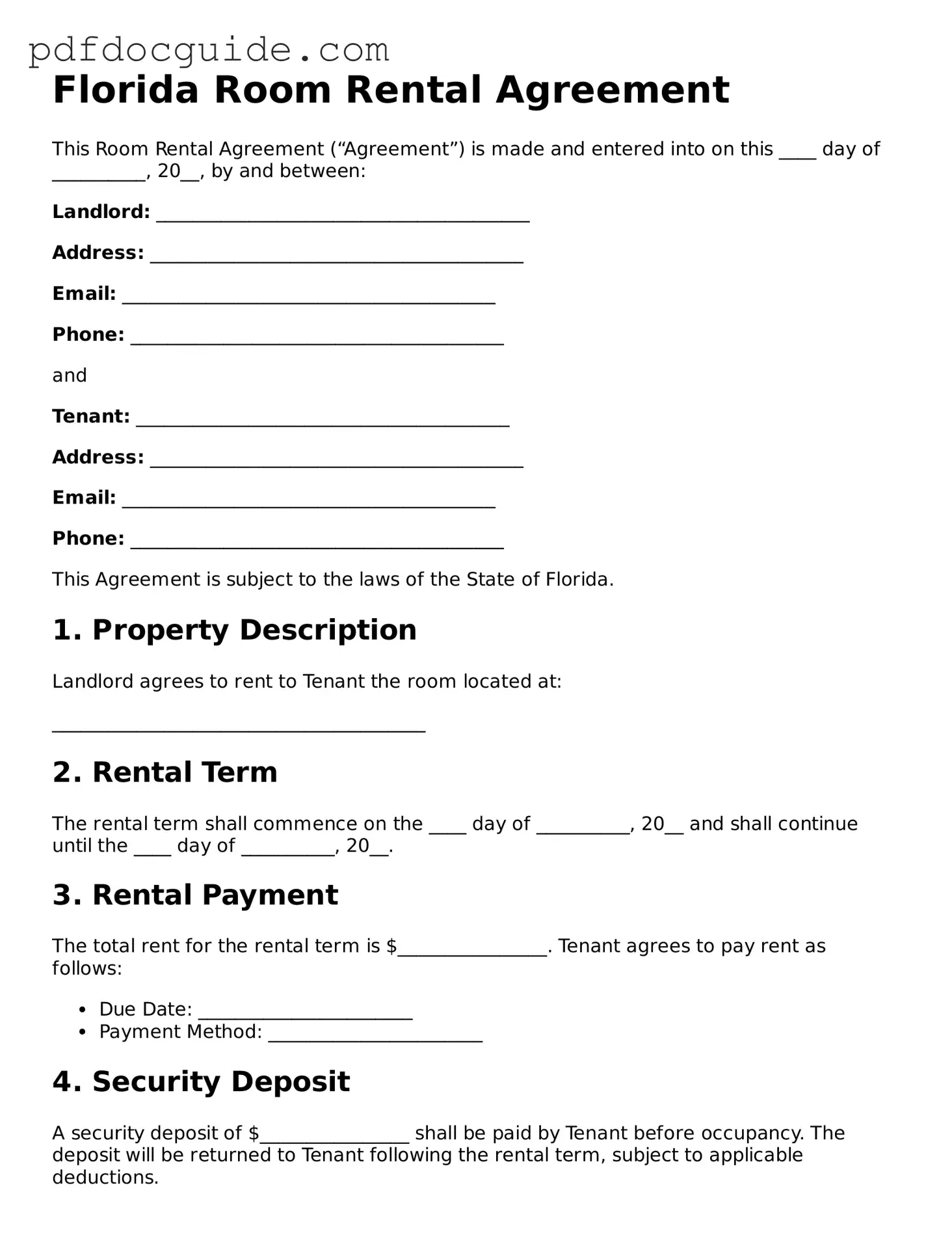 Valid  Room Rental Agreement Document for Florida