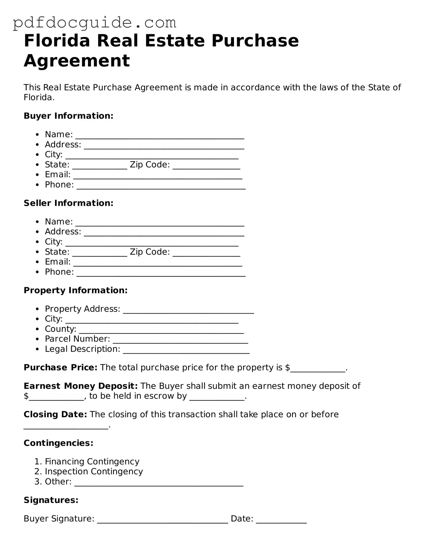 Valid  Real Estate Purchase Agreement Document for Florida