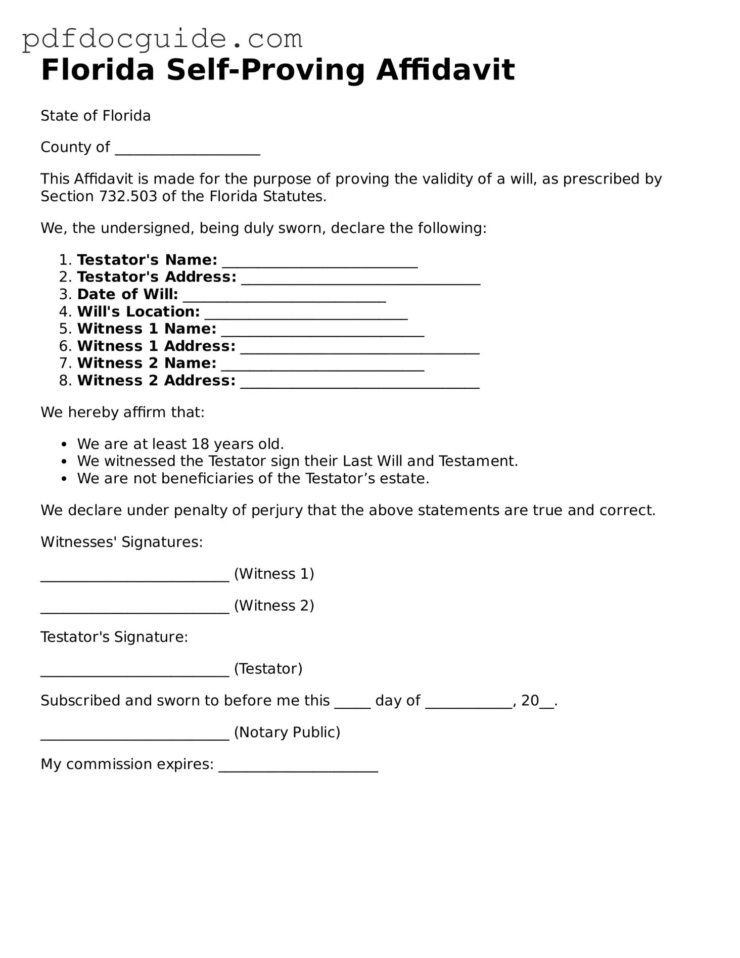 Valid  Self-Proving Affidavit Document for Florida