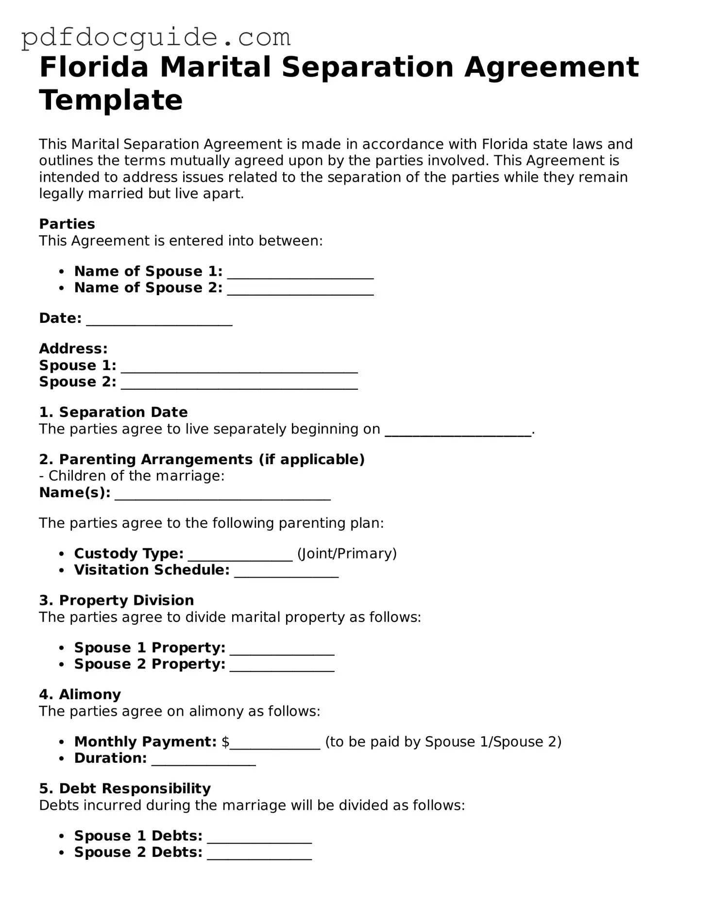 Valid  Marital Separation Agreement Document for Florida