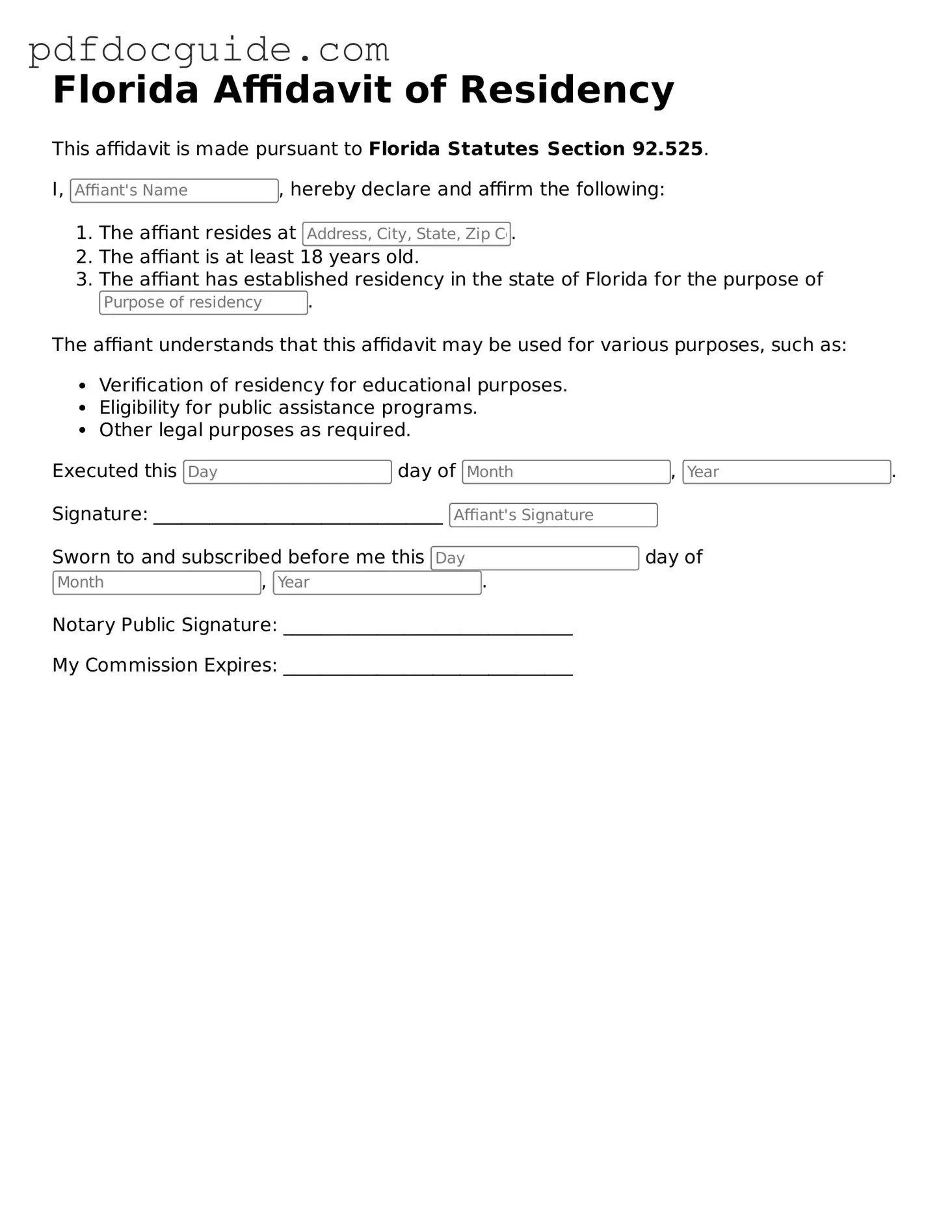 Valid  Affidavit of Residency Document for Florida