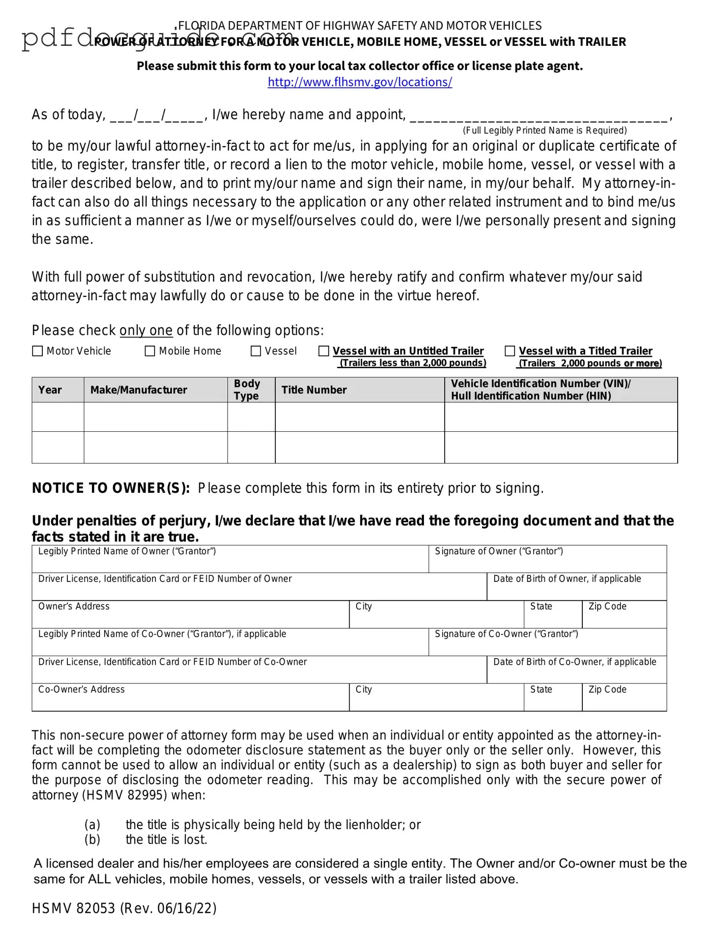 Florida Vehicle POA form 82053 Form