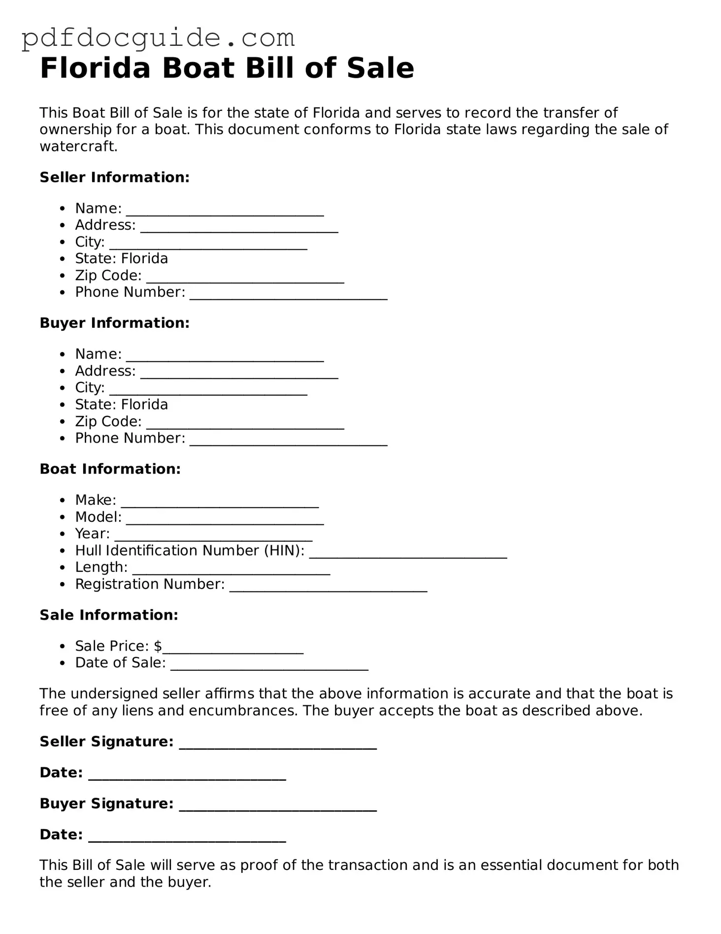 Valid  Boat Bill of Sale Document for Florida