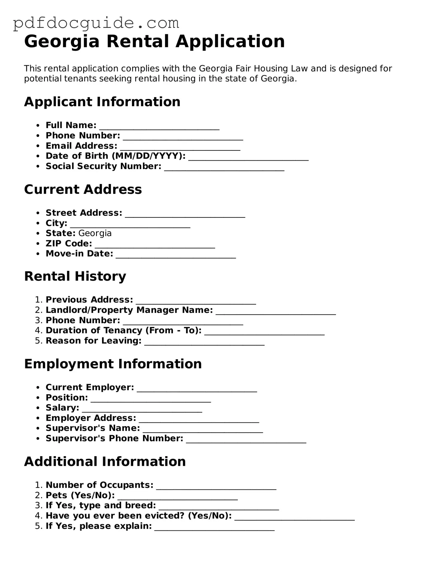 Valid  Rental Application Document for Georgia