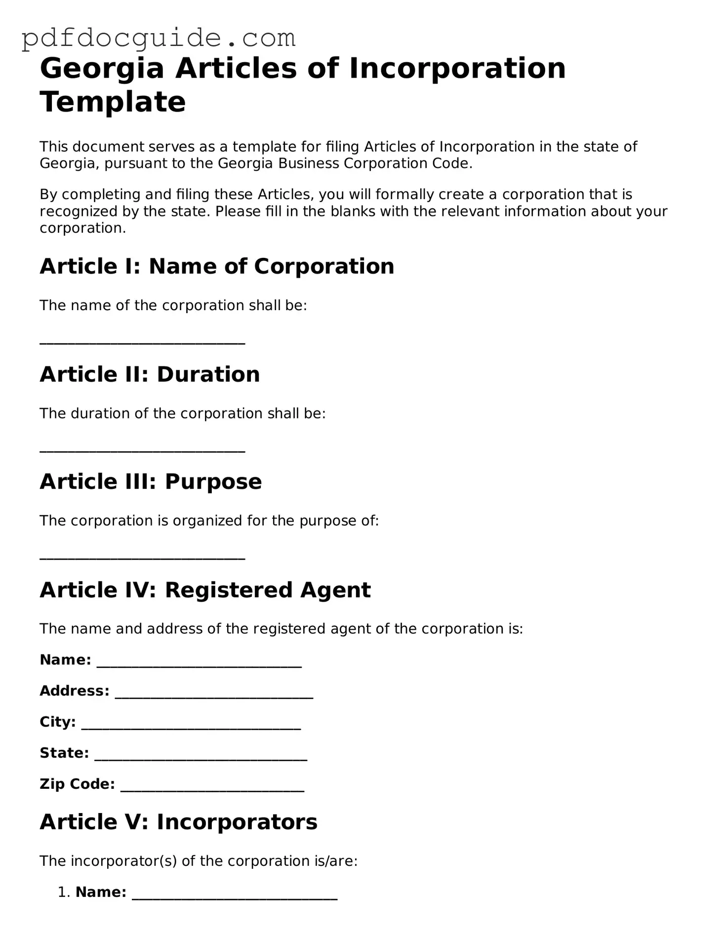 Valid  Articles of Incorporation Document for Georgia