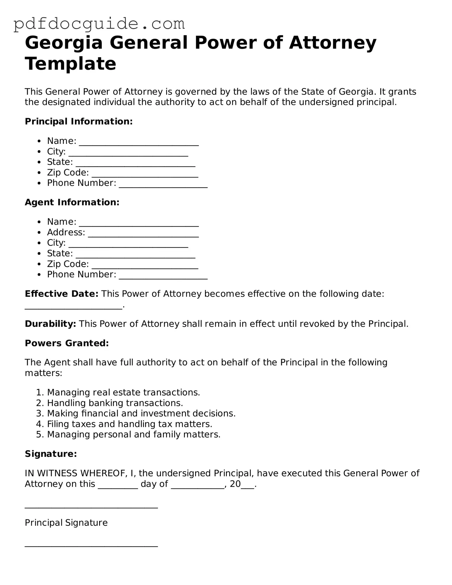 Valid  General Power of Attorney Document for Georgia
