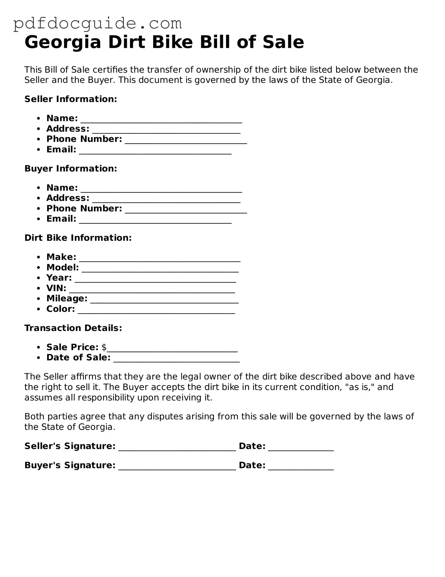 Valid  Dirt Bike Bill of Sale Document for Georgia