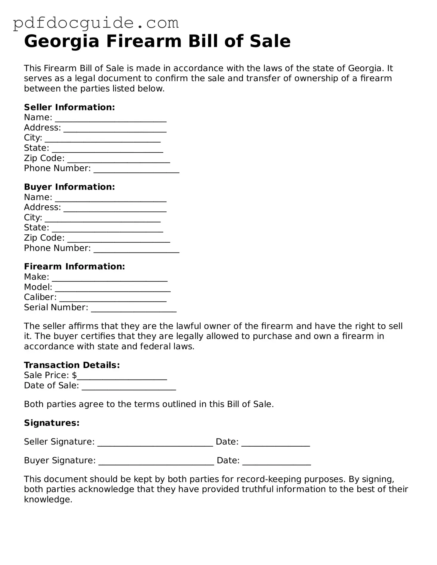Valid  Firearm Bill of Sale Document for Georgia