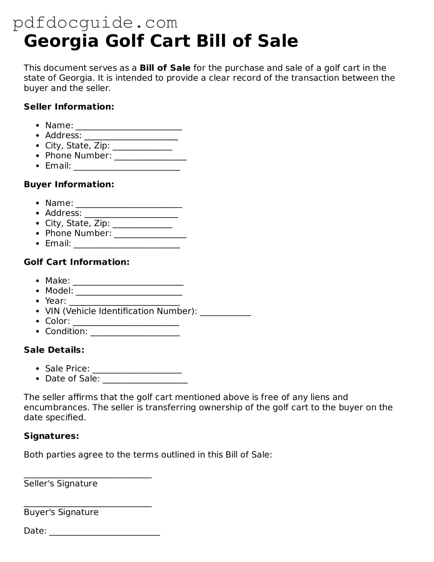 Valid  Golf Cart Bill of Sale Document for Georgia