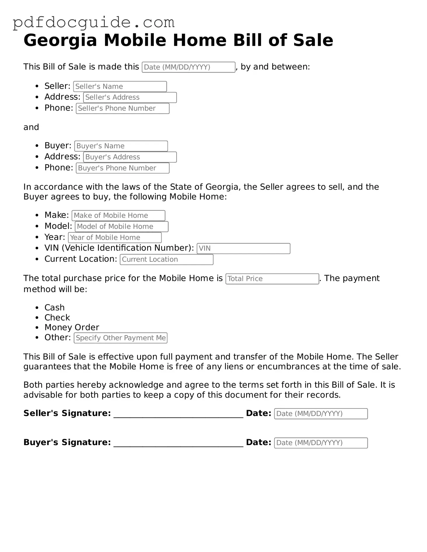 Valid  Mobile Home Bill of Sale Document for Georgia