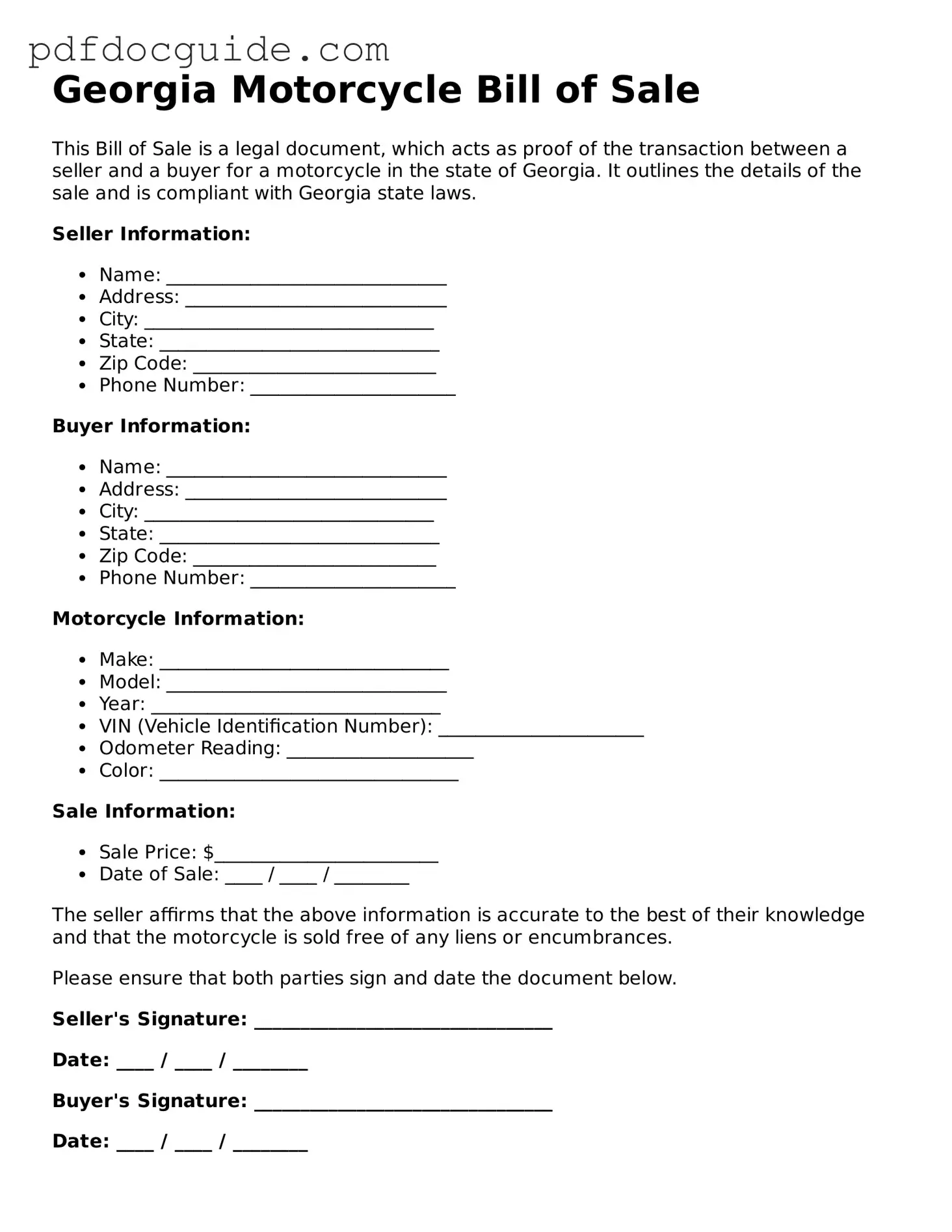 Valid  Motorcycle Bill of Sale Document for Georgia