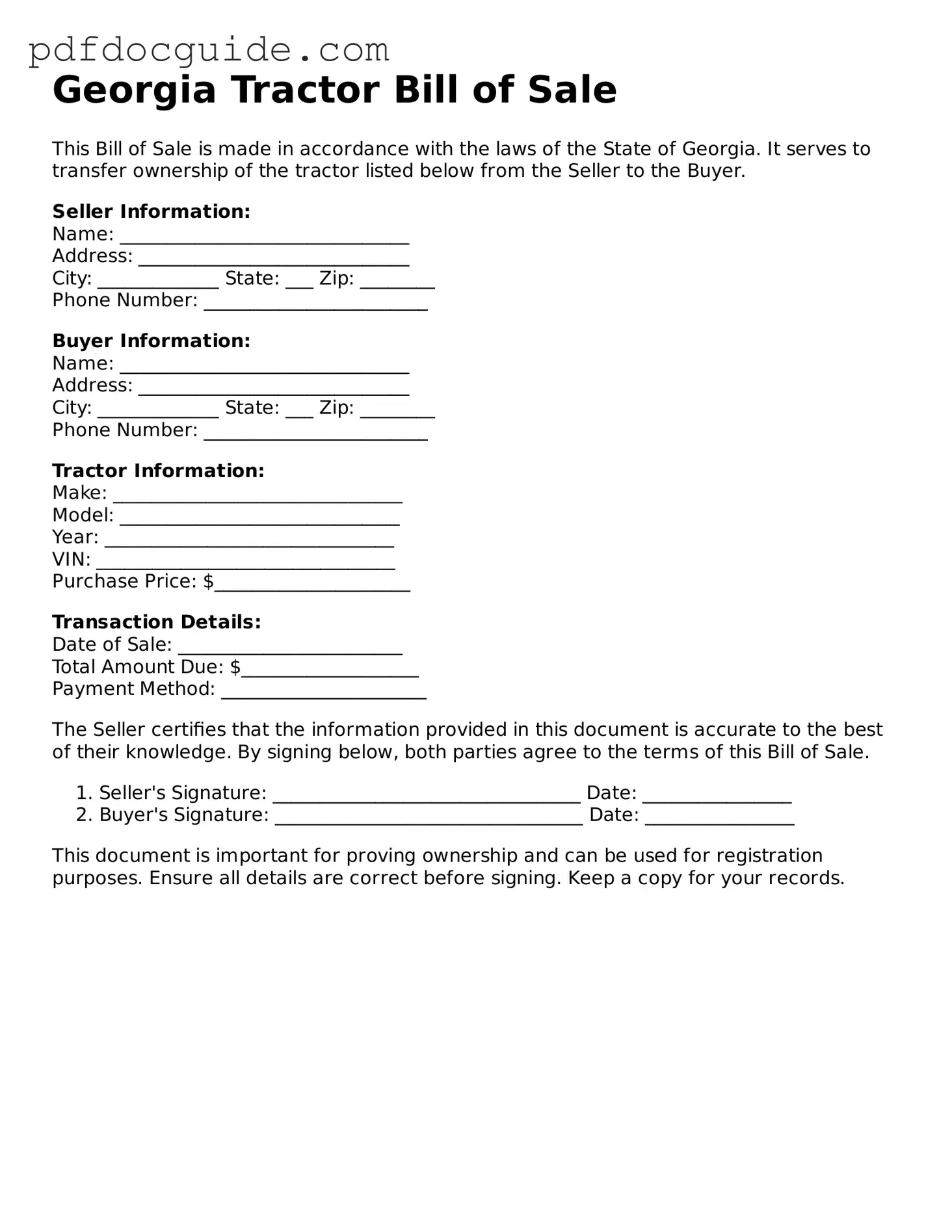 Valid  Tractor Bill of Sale Document for Georgia