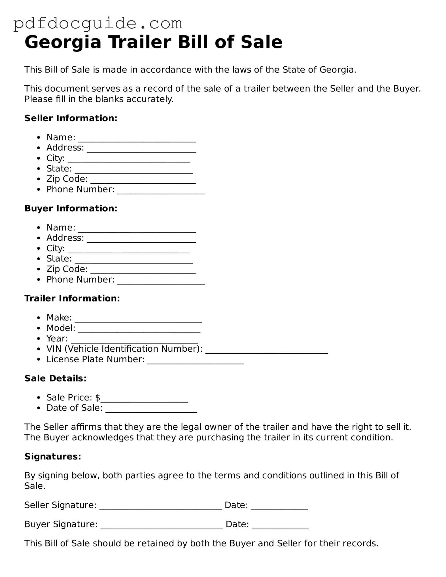 Valid  Trailer Bill of Sale Document for Georgia