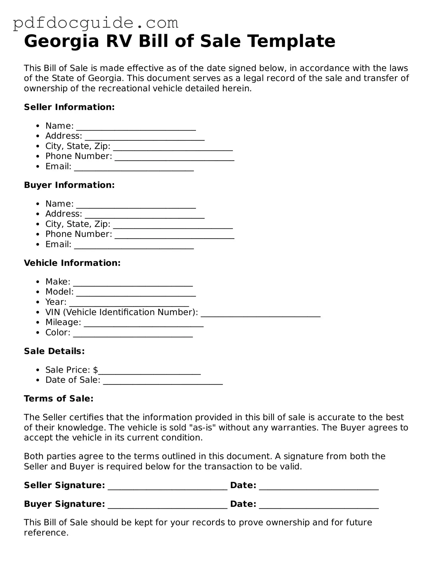 Valid  RV Bill of Sale Document for Georgia