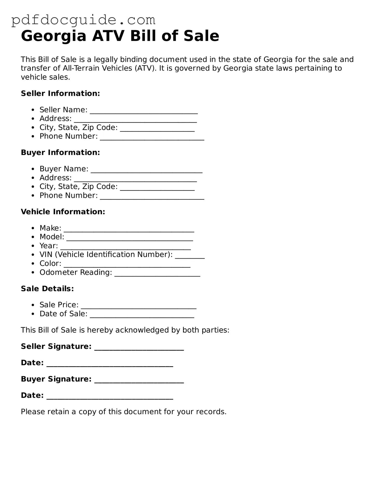 Valid  ATV Bill of Sale Document for Georgia