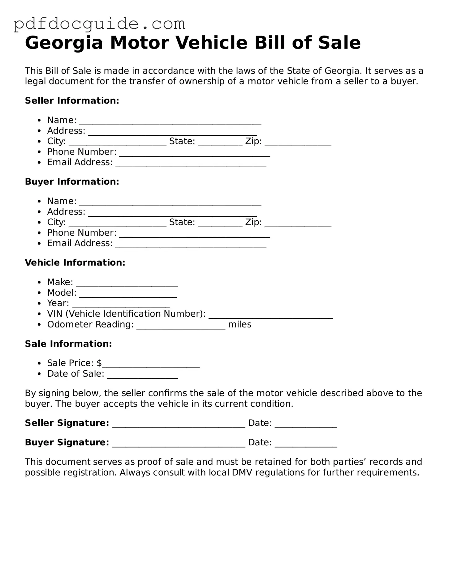 Valid  Motor Vehicle Bill of Sale Document for Georgia