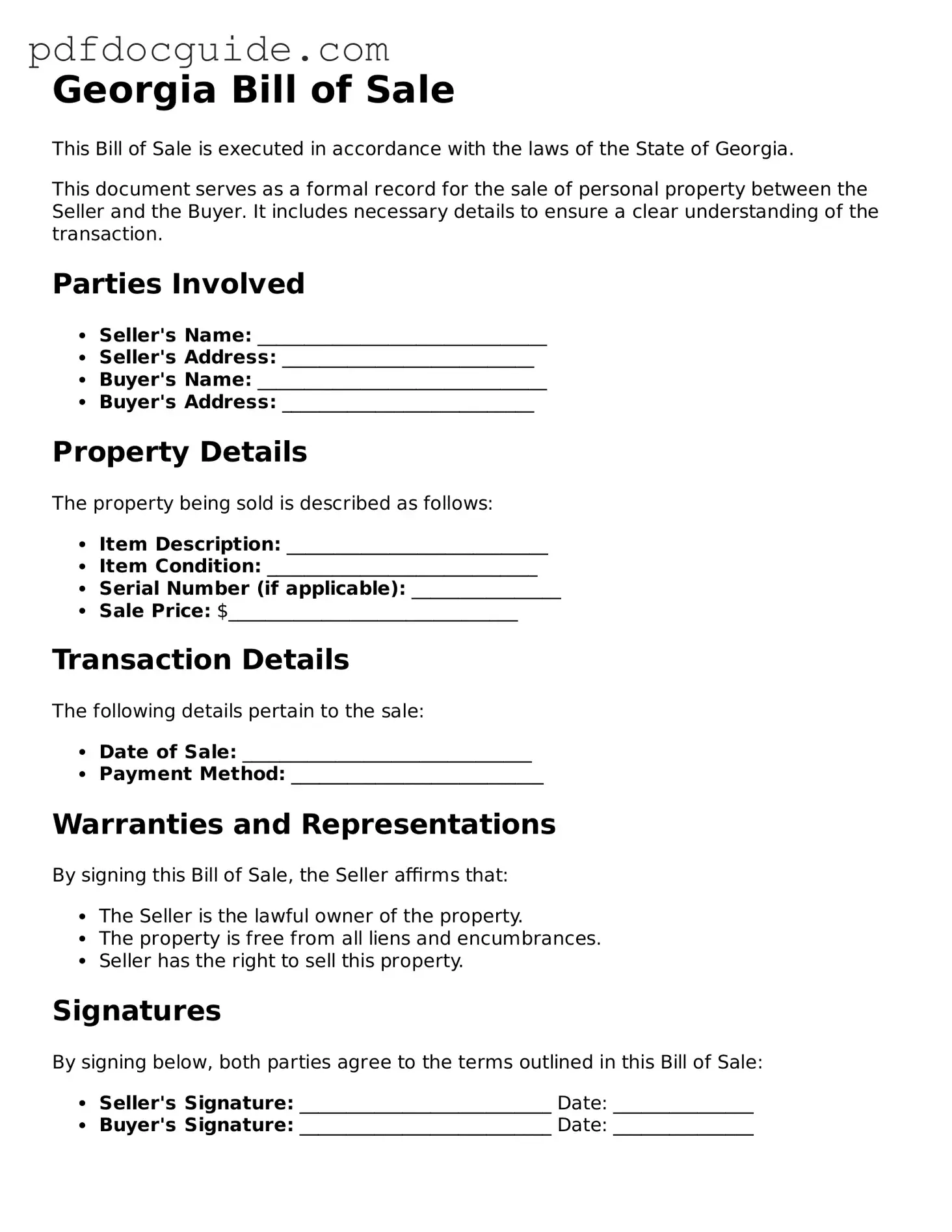 Valid  Bill of Sale Document for Georgia