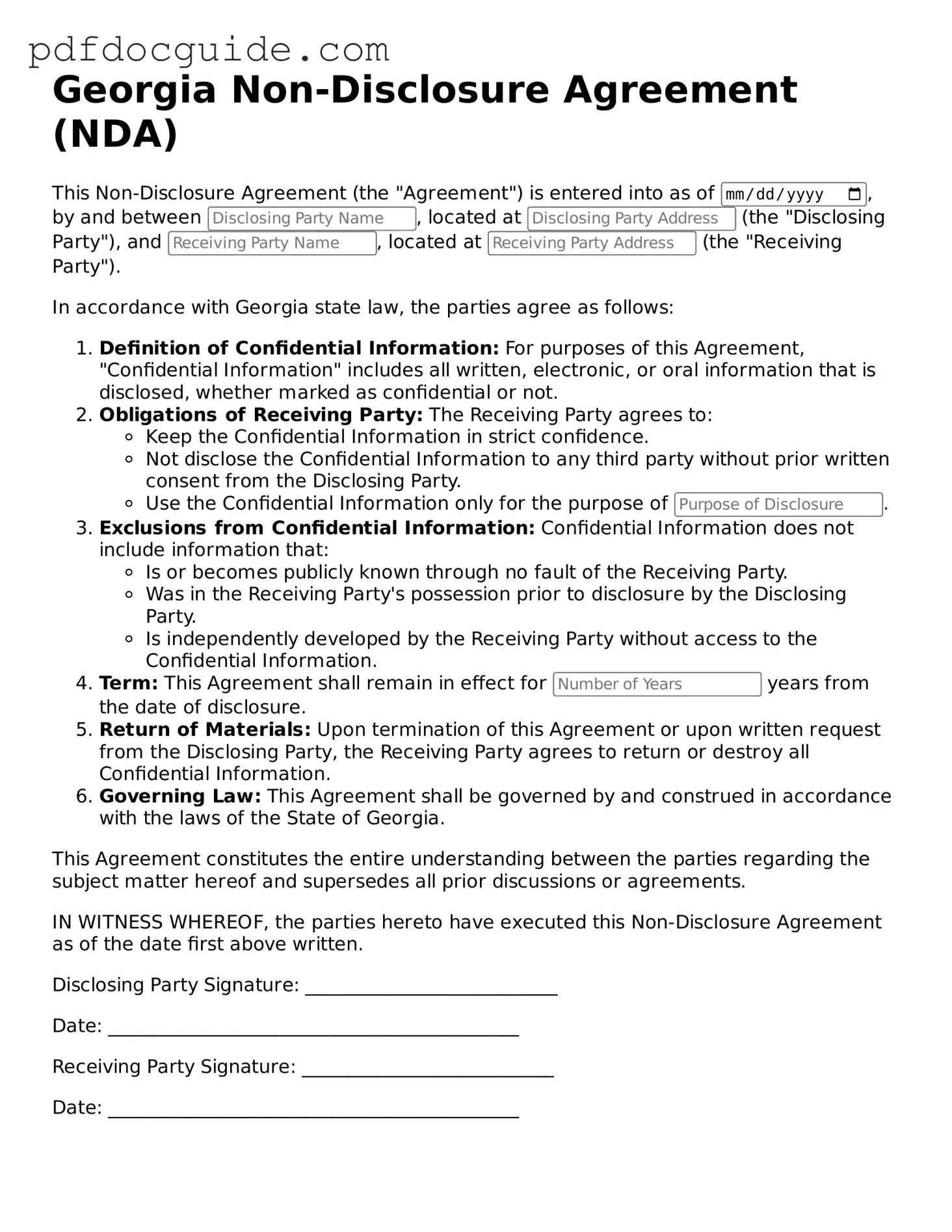 Valid  Non-disclosure Agreement Document for Georgia