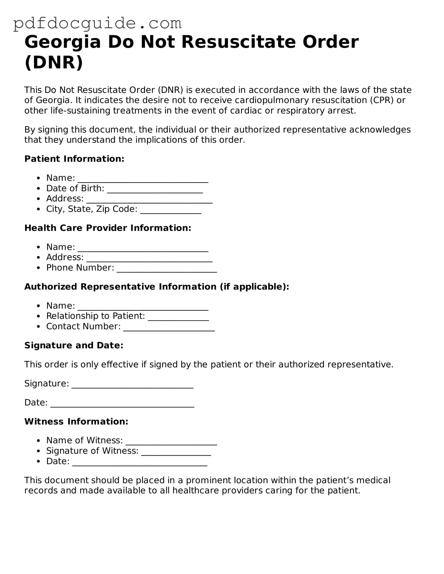 Valid  Do Not Resuscitate Order Document for Georgia