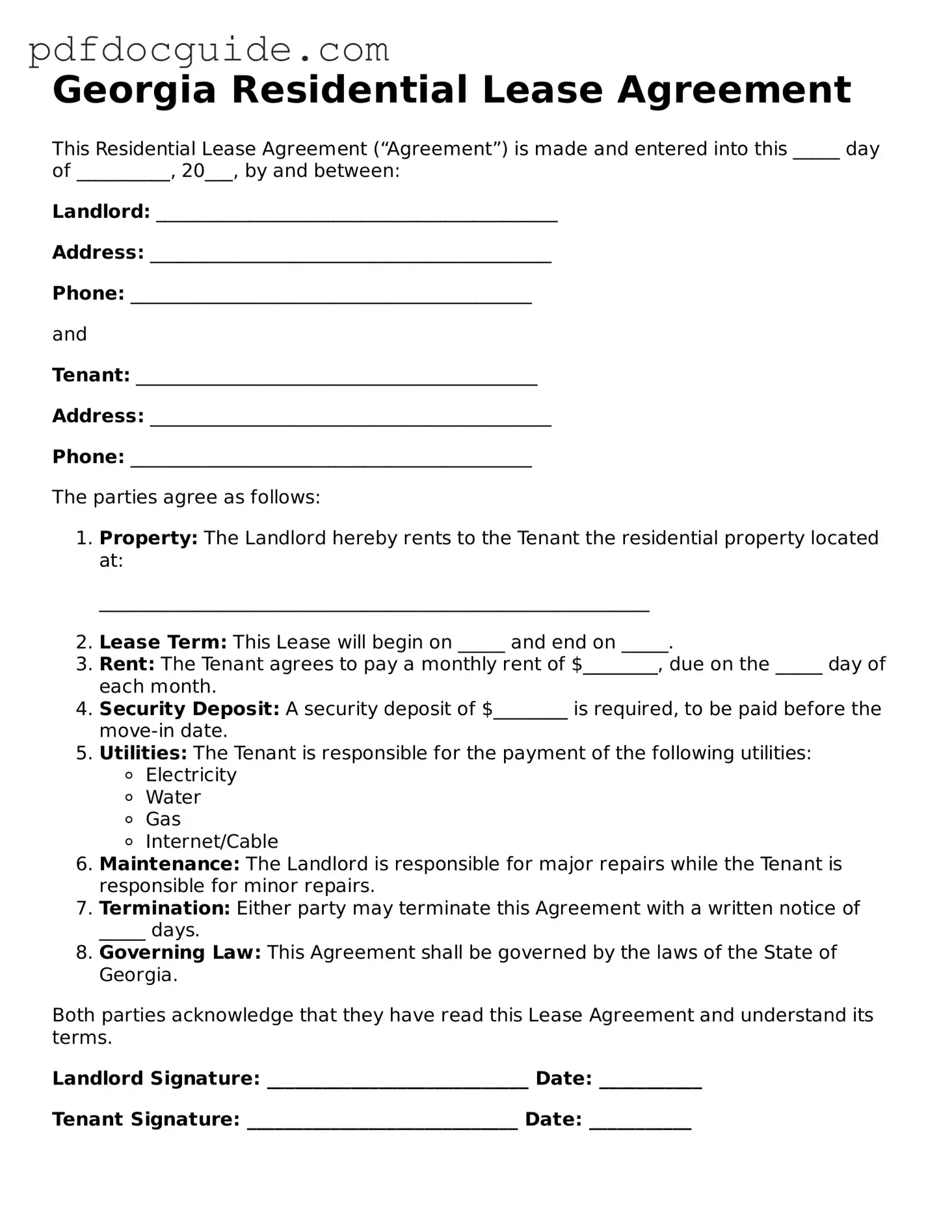 Valid  Residential Lease Agreement Document for Georgia