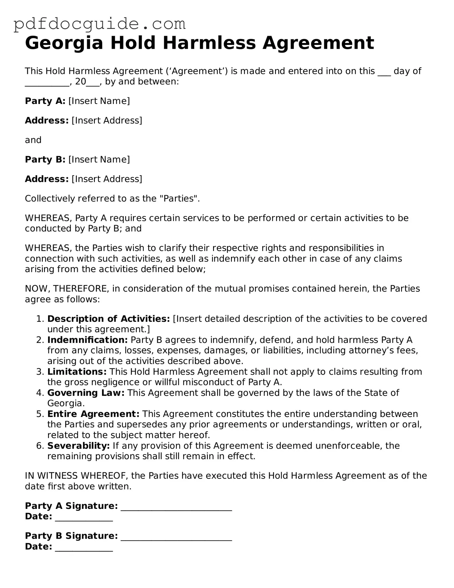 Valid  Hold Harmless Agreement Document for Georgia