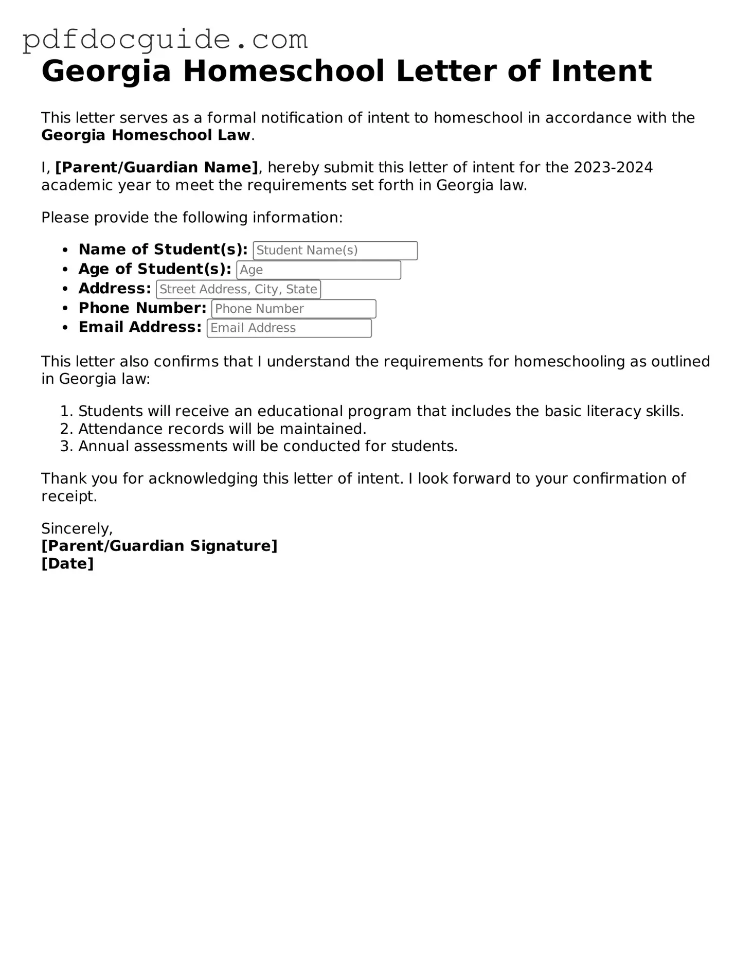 Valid  Homeschool Letter of Intent Document for Georgia