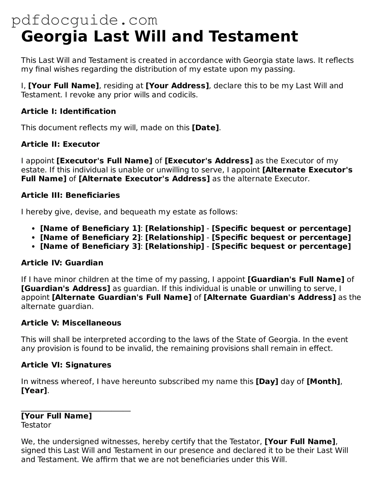 Valid  Last Will and Testament Document for Georgia