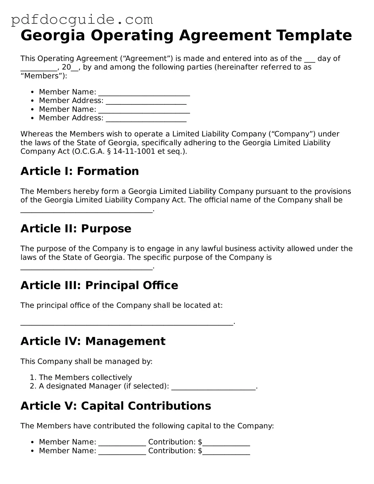 Valid  Operating Agreement Document for Georgia